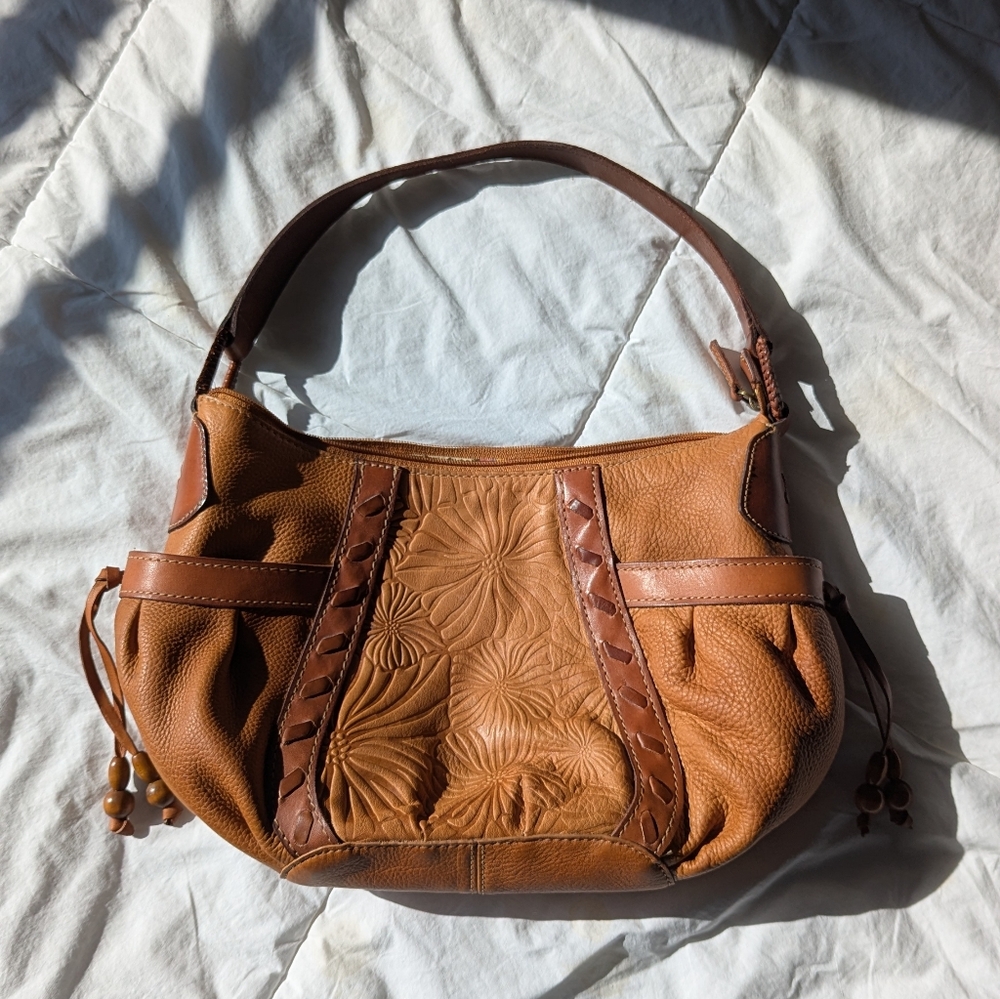Fossil Vintage Tooled Floral Genuine Leather Hobo Tote Shoulder Bag